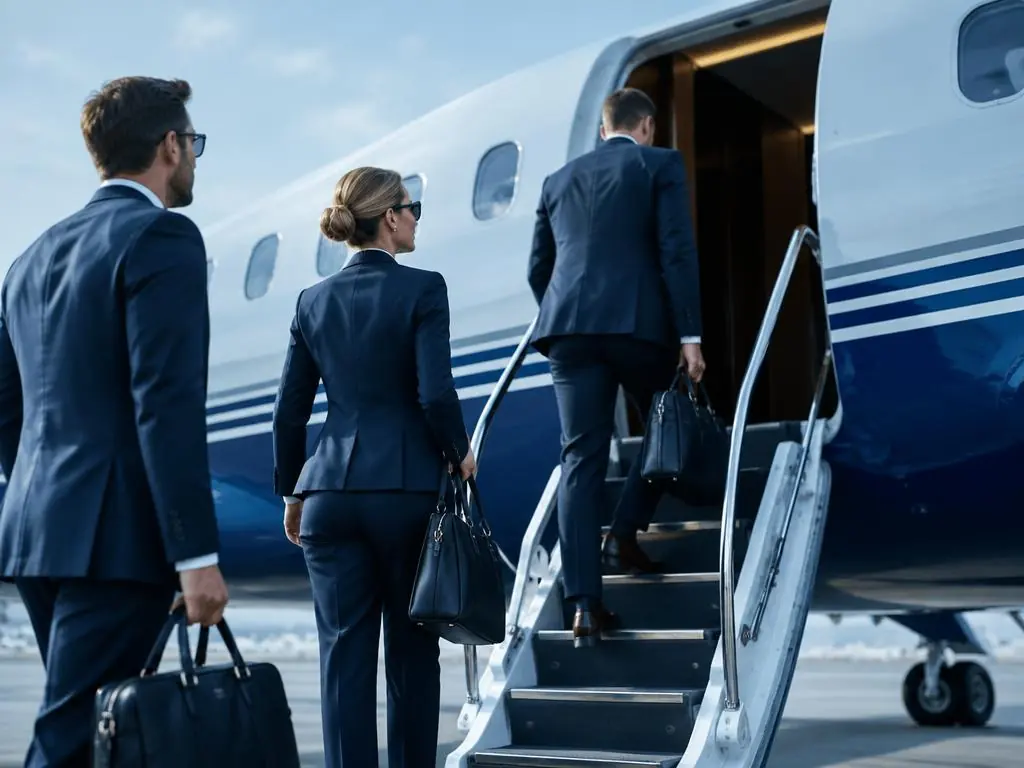 Imagem ilustrativa: profissionais embarcando em um avião